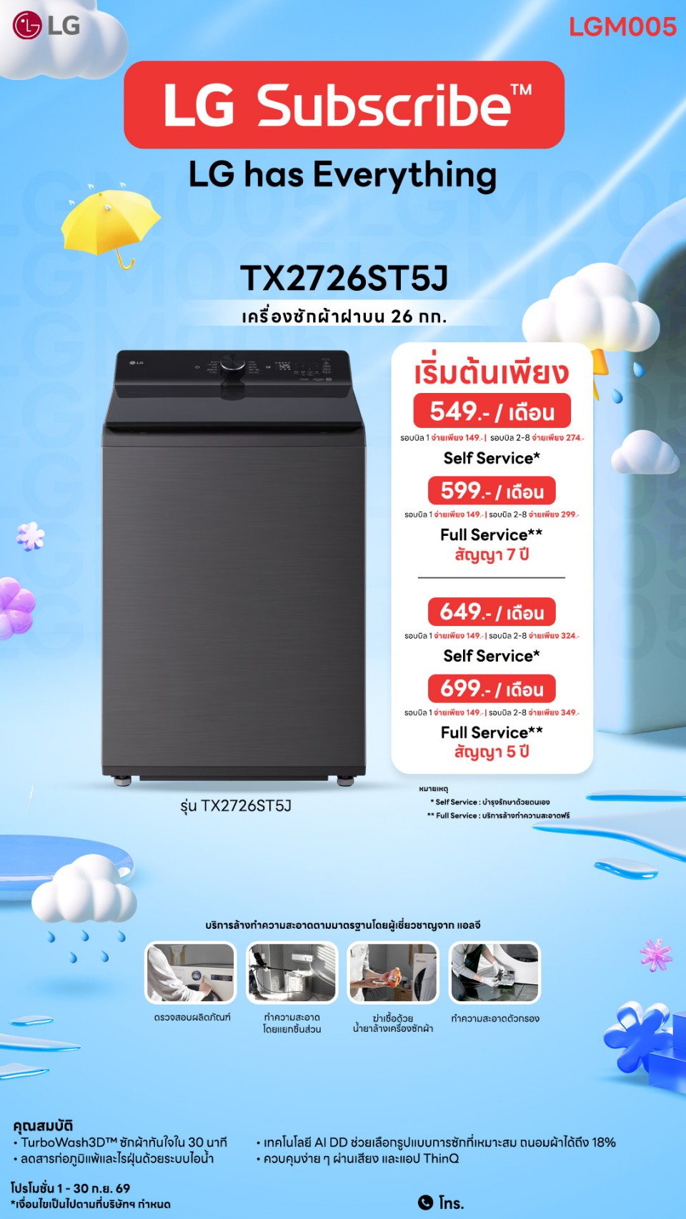 เครื่องซักผ้าฝาบน LG 26 กก. AI DD
